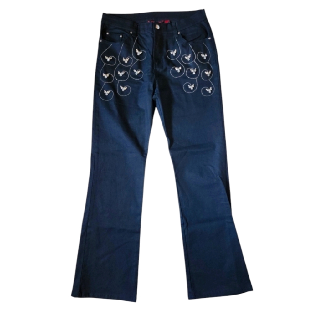 Simon Chang Crystal Gems Sparkly Black Cotton Flare Pants Bling Rhinestones